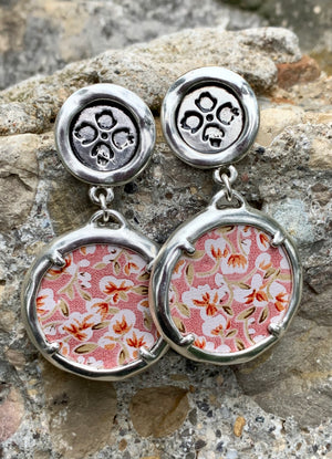 Patricia Nash Metallic Silver Pink & White Floral Leather Drop Earrings