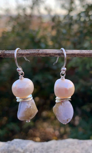 A Drop of Pearl & Light Blue Lace Agate Earrings