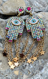 Betsey Johnson Evil Eye Multi-Color Stone Hamsa Hand Earrings