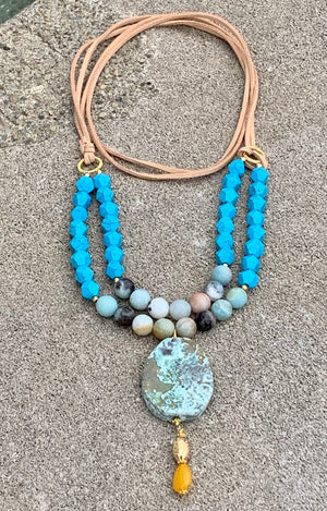 Double Leather Strand Bronze & Amazonite Pendant Necklace