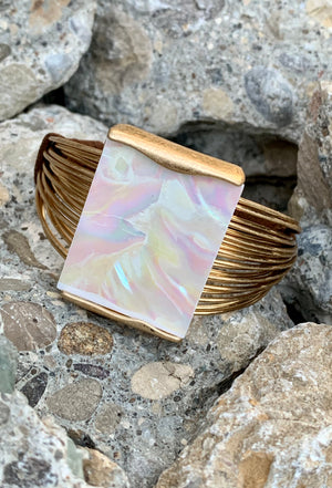 Mother of Pearl Brushed Gold Cuff Geometric Multi-Row Bracelet
