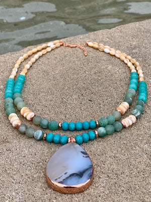 Caramel Shell Turquoise Magnesite & Agate Pendant Necklace