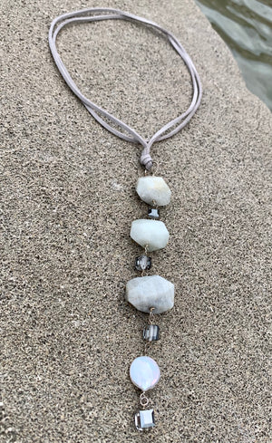 Barse Sterling Silver White Opal, Crystal & Freshwater Coin Pearl Leather Necklace