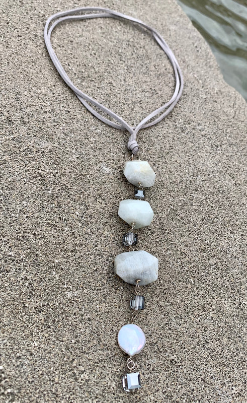 Barse Sterling Silver White Opal, Crystal & Freshwater Coin Pearl Leather Necklace