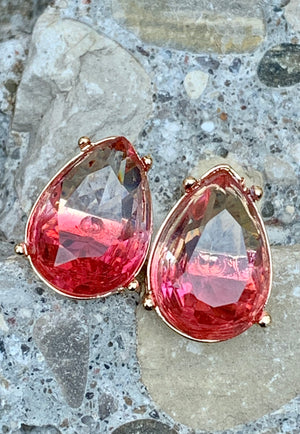 Teardrop Translucent Pink & Crystal Stud Earrings