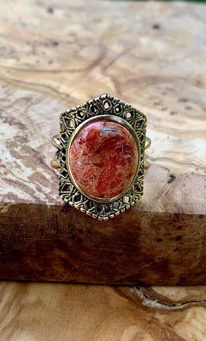 Orange Sponge Coral & Bronze Ring Size 7.5