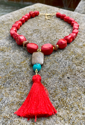 Red Sea Bamboo Bronze and Bronzite Red Tassel Pendant Necklace