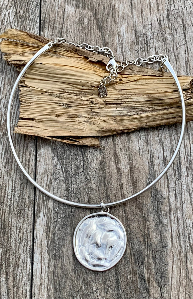 Robert Lee Morris Soho Brushed Silver Circle Pendant Choker Necklace