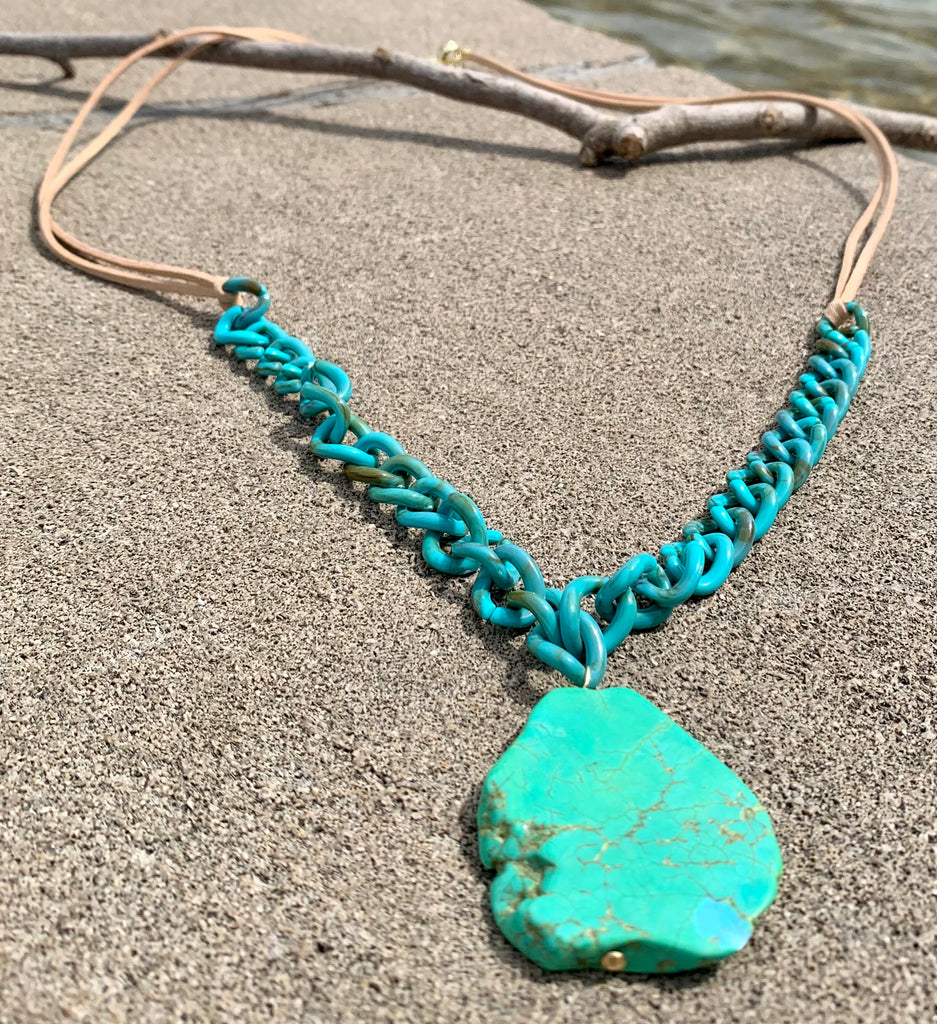 Double Leather Strand Turquoise Resin Link Turquoise Magnesite Pendant Necklace