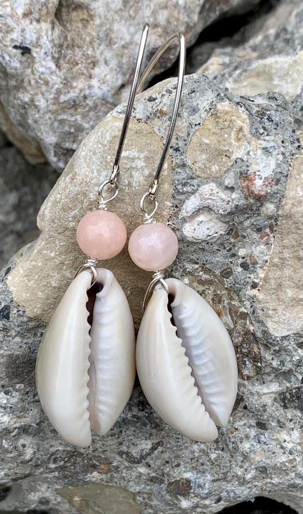 Barse Pink Quartz Beaded Cowrie Shell Drop Earrings