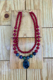Scarlet Quartz, Apatite, Gold Coated Hematite & Chrysocolla Pendant Necklace