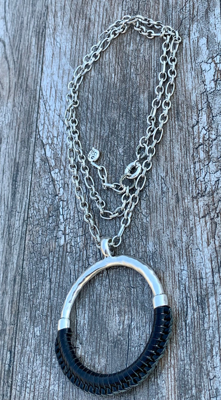 Carmelina Black Leather & Silver Pendant Necklace