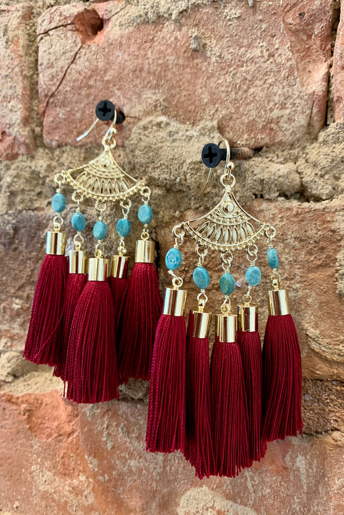 Scarlet Tassel Earrings with Brass Fan & Genuine Turquoise Magnesite Oval Stones