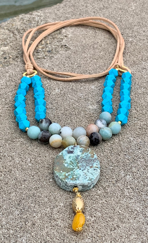 Double Leather Strand Bronze & Amazonite Pendant Necklace