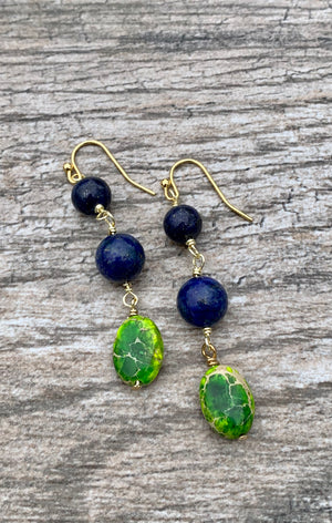 Lapis & Jasper Drop Bronze Beaded Earrings