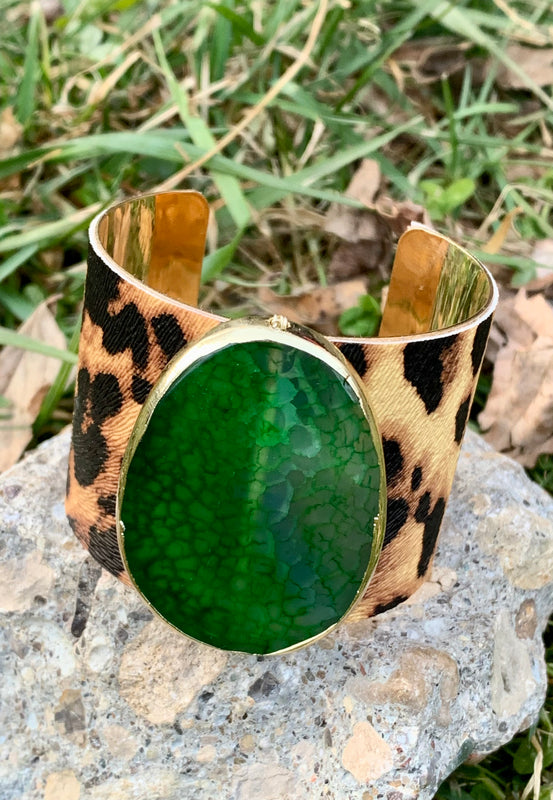 Gone Wild Leopard Print Green Agate Cuff Bracelet