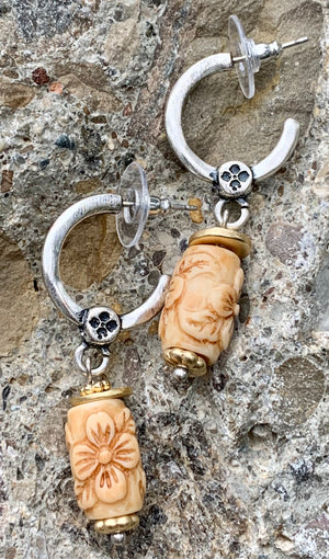 Patricia Nash Silver Hoop Resin Floral Carved Drop Earrings