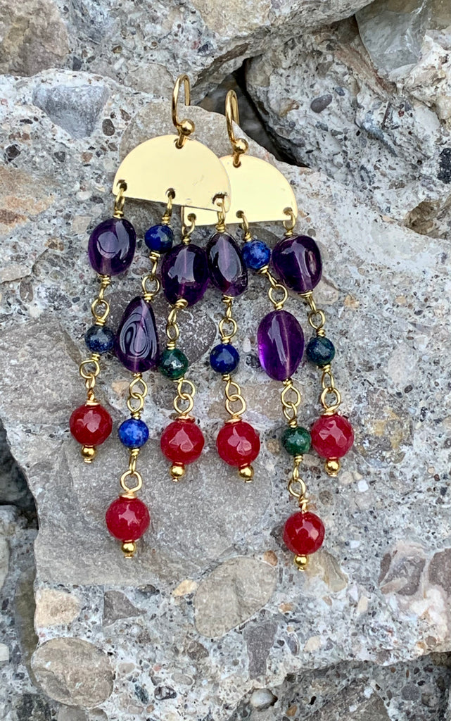Scarlet Quartz, Amethyst, Chrysocolla, & Bronze Hanging Earrings