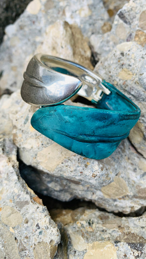 Robert Lee Morris Soho Silver & Patina Leaf Bypass Hinged Bangle Bracelet