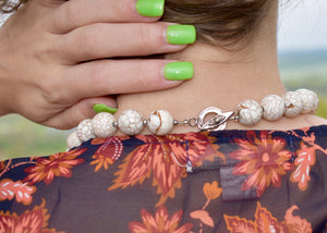 Vintage White Turquoise Sterling Silver Gemstone Beaded Necklace & Leopard Jasper Pendant