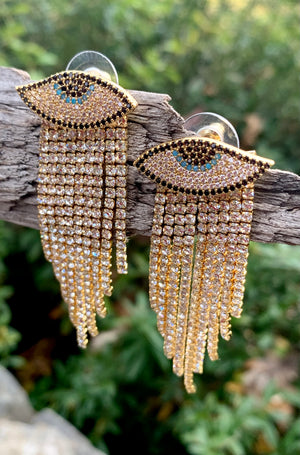 Luxe Goldtone Evil Eye Gold CZ Chandelier Earrings