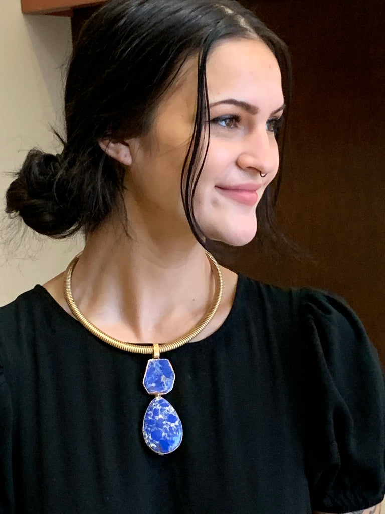 Natural Marbleized Blue Lapis Lazuli & Mesh Pendant Necklace
