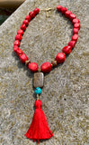 Barse Red Sea Bamboo Bronze and Bronzite Red Tassel Pendant Necklace