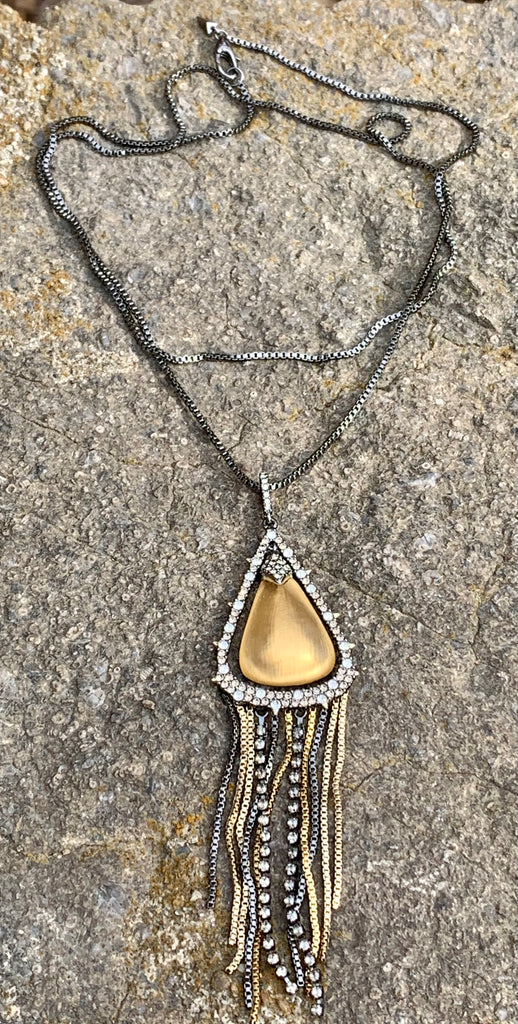 Gold & Hematite Tassel Chain and Orbital Lucite Pendant Necklace