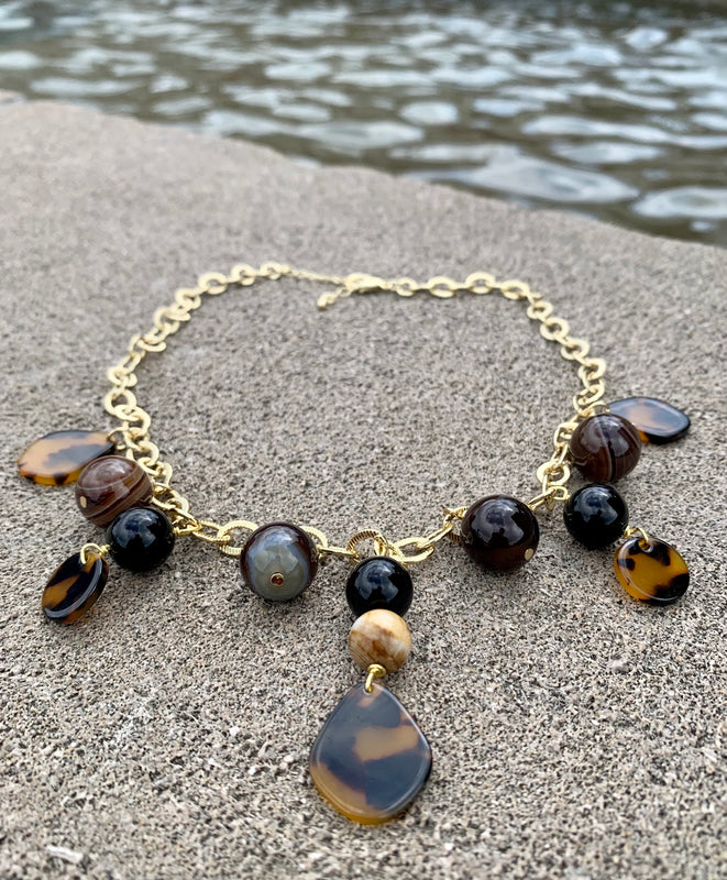 Midnight Black Onyx, Agate & Tortoise Chain Link Drop Pendant Necklace