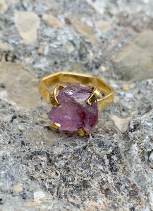 Lucky 6 Gold Plated Raw Amethyst Nugget Ring