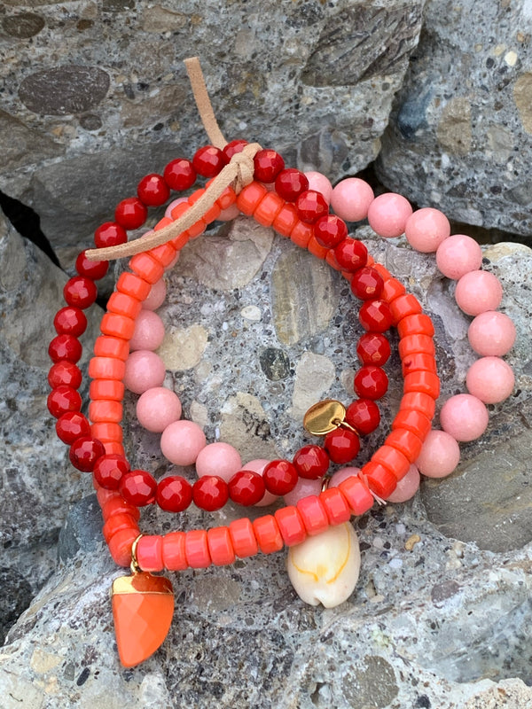 Barse Triple Strand Melon, Red, and Peach Coral Beaded Bracelet