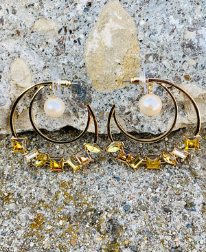 Multi-Color Gold Crystal Fresh Water Pearl Hoop Earrings