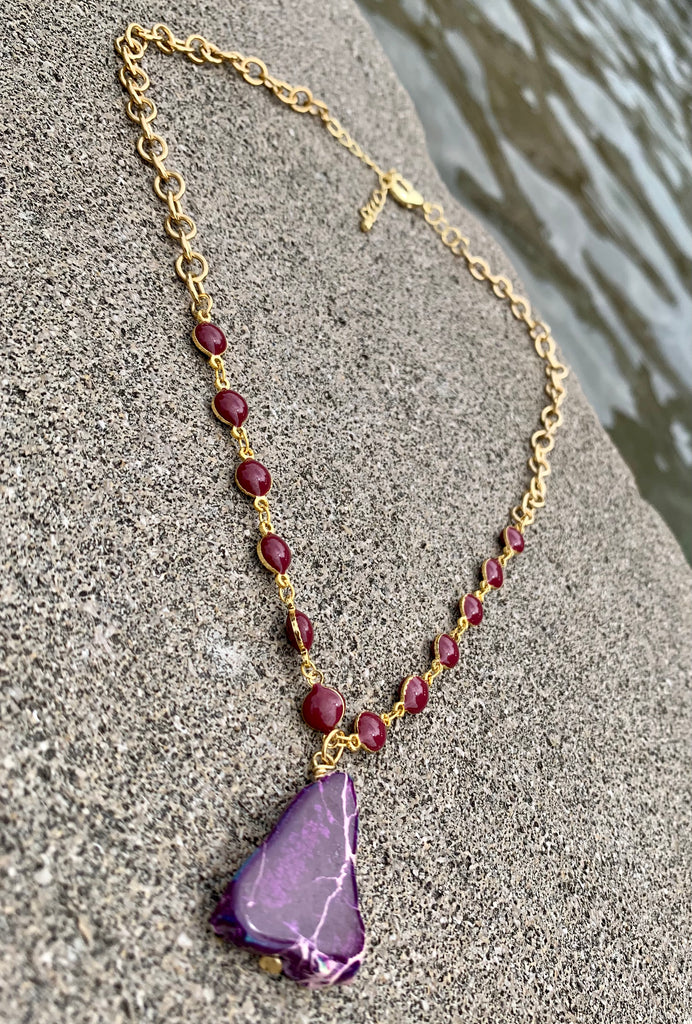 Purple Jasper and Enamel Rosary Bronze Chain Necklace