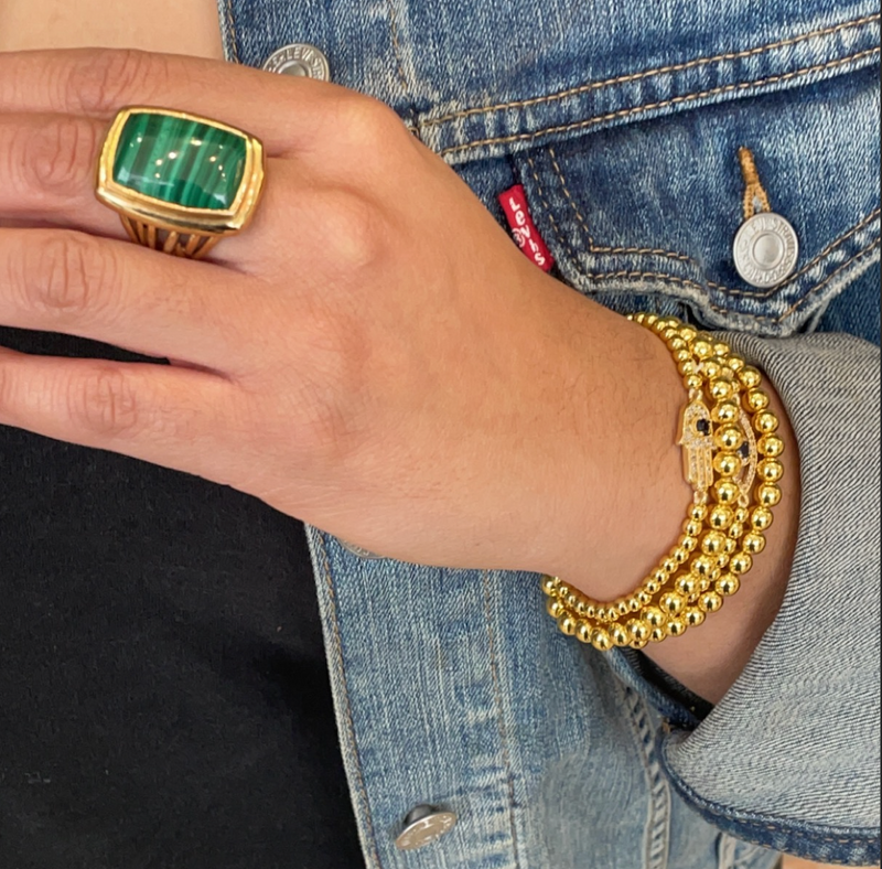 Green Malachite & Bronze Square Statement Ring Size 8