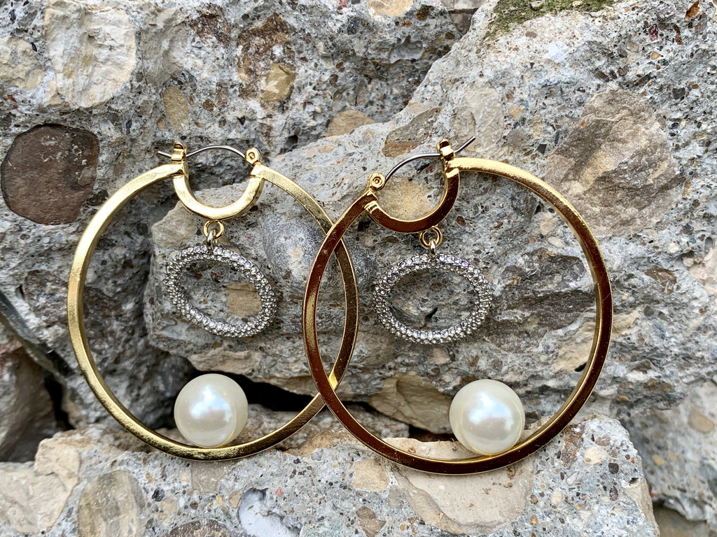 Vince Camuto Gold-Tone Crystal Pave Hoop Earrings with Pearl Drop