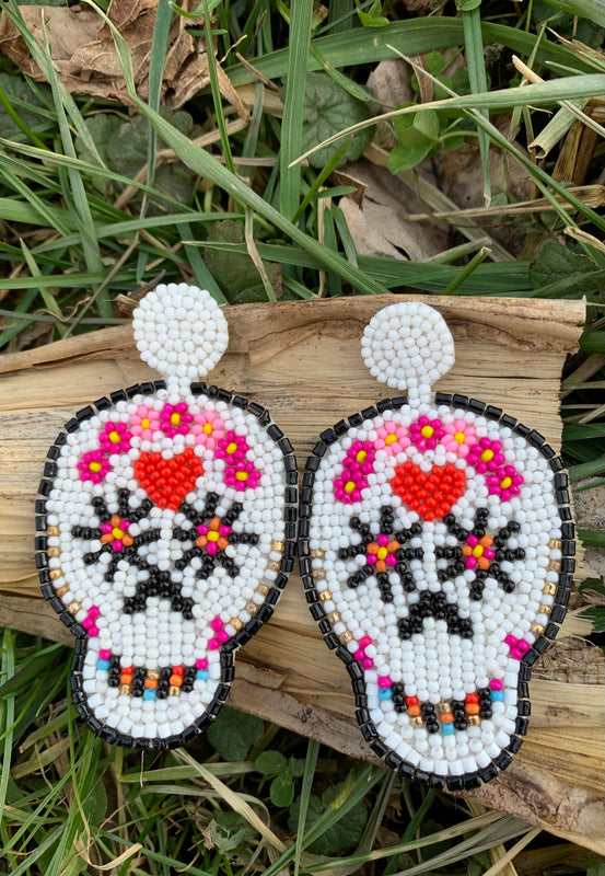White & Black Multi-Color Beaded Skull Earrings