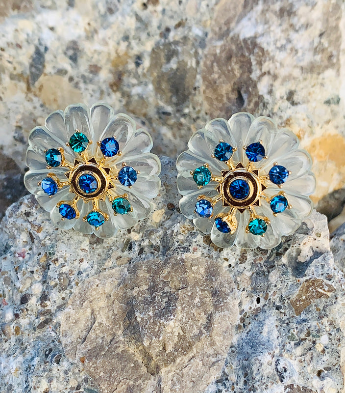 Vince Camuto Blue & Green Crystal Gold Flower Stud Earrings