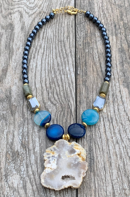 Mystic Sea Blue Agate with Drusy Pendant Necklace