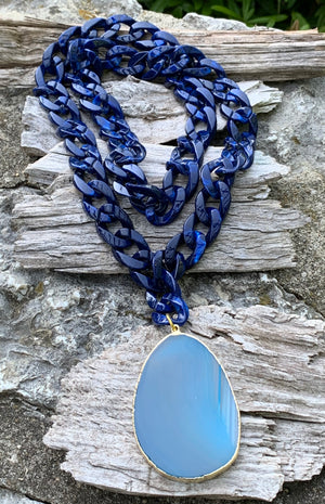 Ocean Storm Blue Agate Pendant Resin Link Necklace