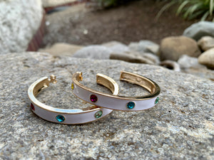 White Multi-Color Stone Hoop Earrings
