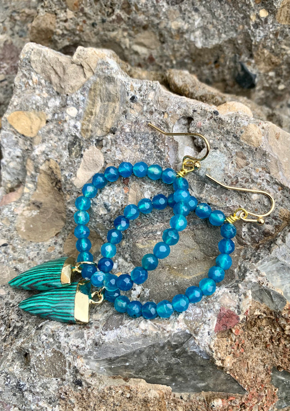 Barse Malachite Agate, Bronze & Teal Beaded Forward Facing Hoop Earrings