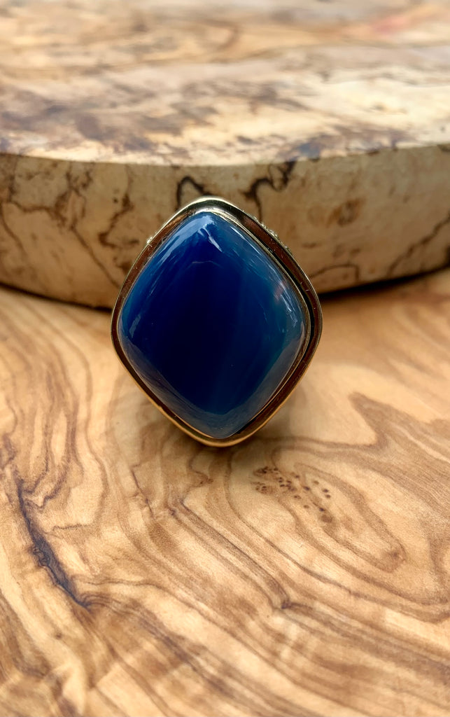 Blue Agate & Bronze Scrolled Ring Size 9