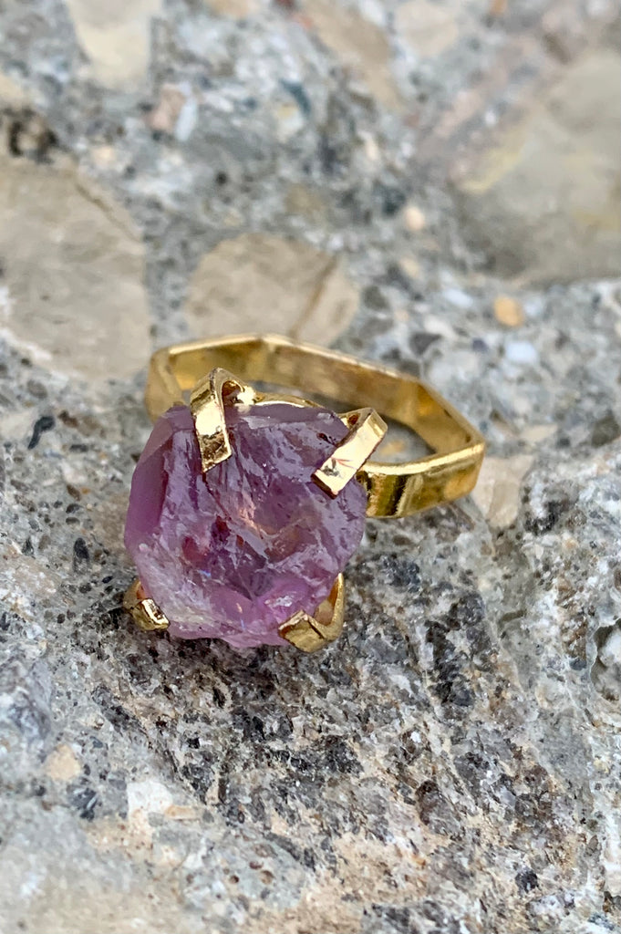 Lucky 6 Gold Plated Raw Amethyst Nugget Ring