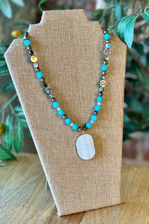 Abalone and Turquoise Magnesite Selenite Pendant Necklace