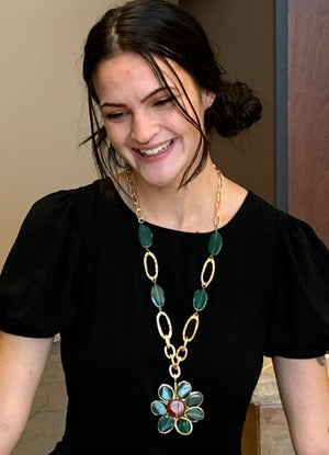 Green & Amber Flower Pendant Link Chain Necklace