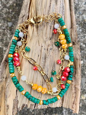 Green Jasper & Bronze Multi-Layer Chain Bracelet