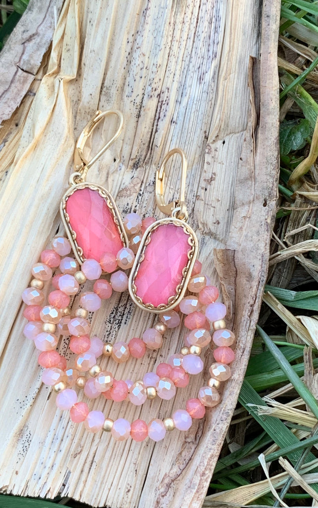 Pink Stone & Beaded Double Hoop Earrings