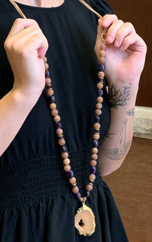 Amethyst, Bronze & Drusy Pendant Leather Strap Necklace
