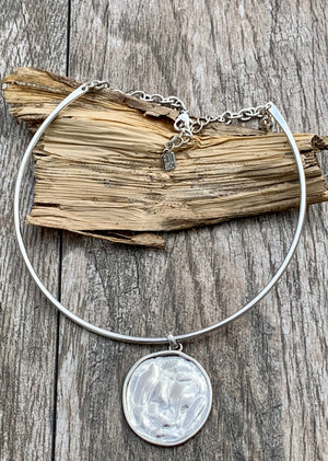 Robert Lee Morris Soho Brushed Silver Circle Pendant Choker Necklace