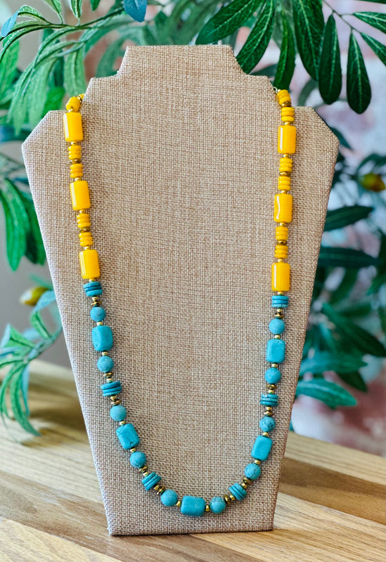 Turquoise and Yellow Jade Long Necklace
